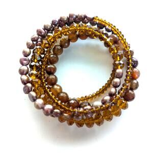 Faceted Amber Glass Freshwater Purple Pearl Natural Stone Stacked Boho Bracelet